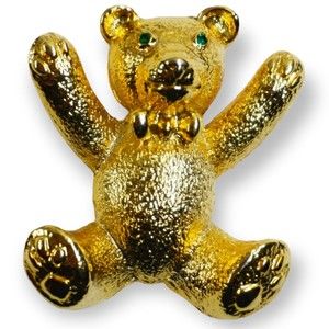 Vintage Giovanni Longcraft Teddy Bear Jewelry Green Rhinestone Eyes Brooch Pin